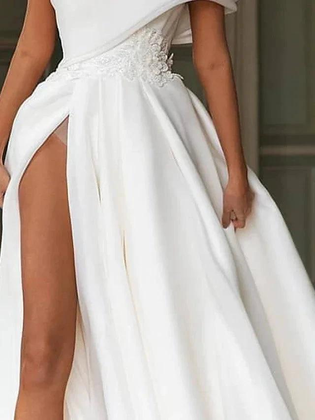Long A-Line One Shoulder Sweep Brush Train Chiffon Wedding Dresses with Slit by BIZTUNNEL