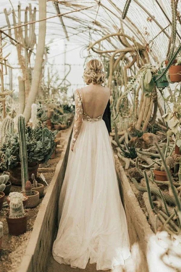 Long A-Line Open Back Chiffon Appliques Lace Wedding Dress with Sleeves by BIZTUNNEL