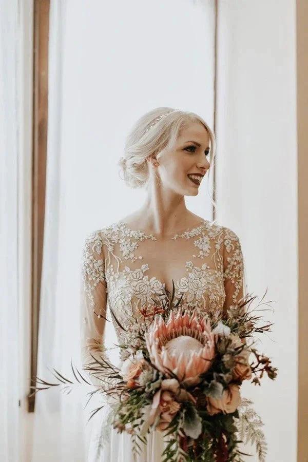 Long A-Line Open Back Chiffon Appliques Lace Wedding Dress with Sleeves by BIZTUNNEL