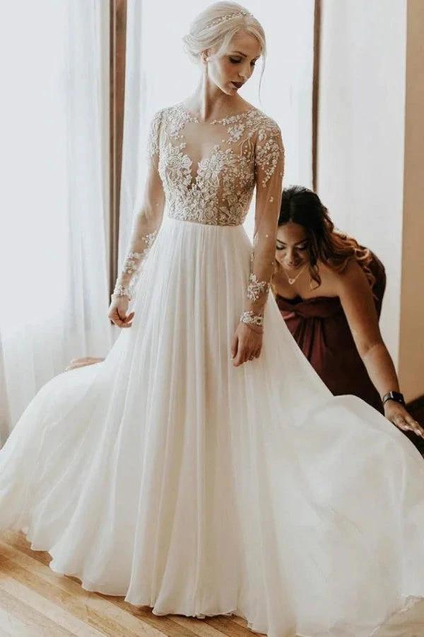 Long A-Line Open Back Chiffon Appliques Lace Wedding Dress with Sleeves by BIZTUNNEL
