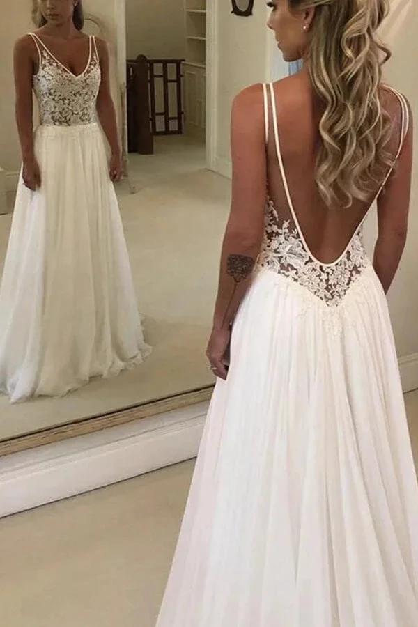Long A-line Open Back V-neck Lace Chiffon Wedding Dress by BIZTUNNEL