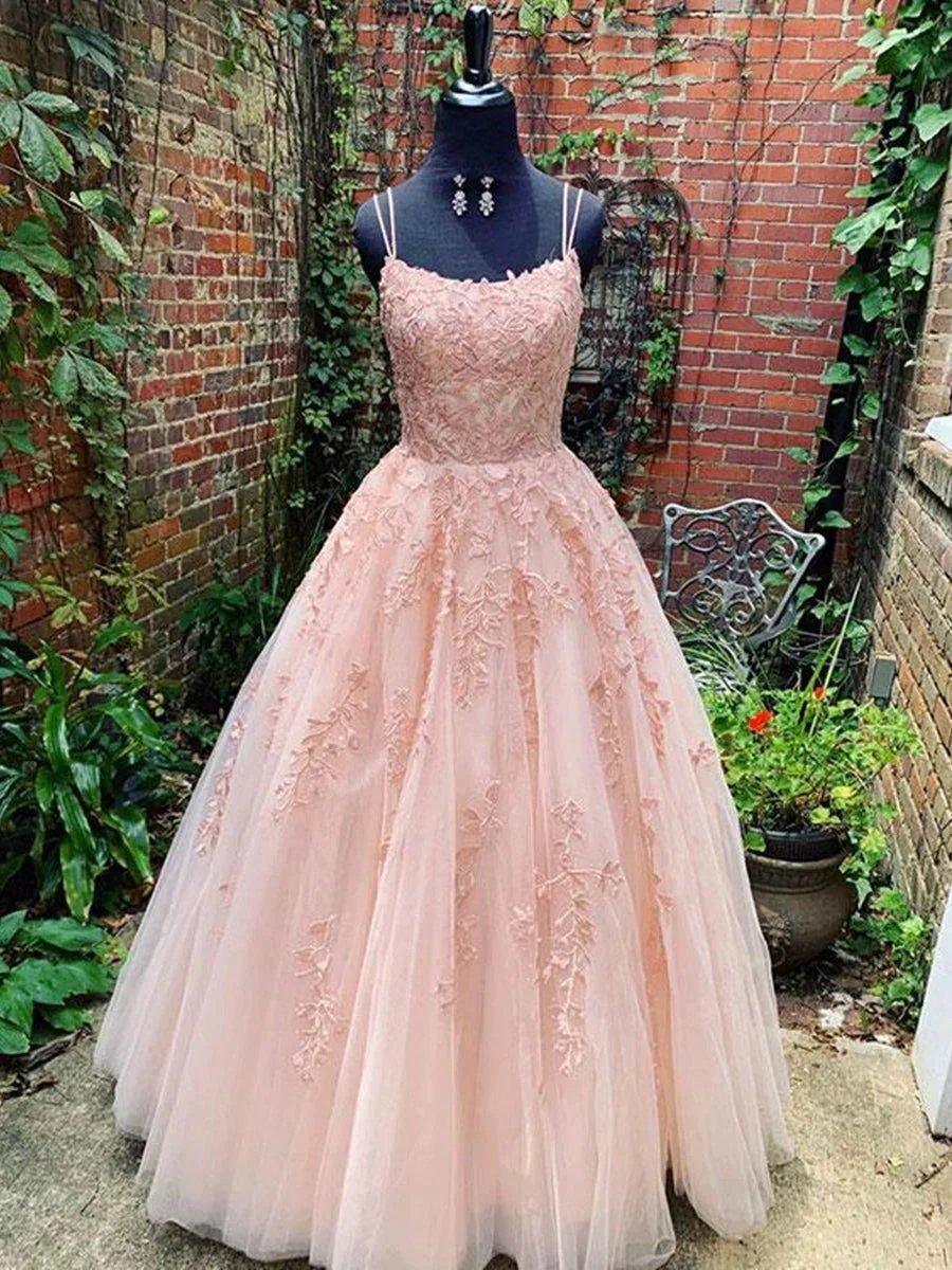 Long A-line Scoop Neck Spaghetti Straps Tulle Lace Formal Prom Dresses by BIZTUNNEL