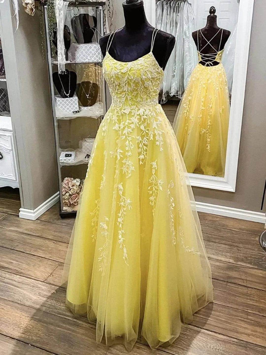 Long A-line Scoop Neck Tulle Backless Formal Prom Dresses by BIZTUNNEL