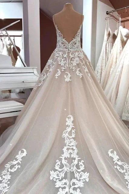 Long A-Line Sequin Tulle Spaghetti Straps Appliques Lace Wedding Dress by BIZTUNNEL