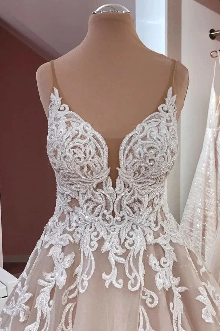 Long A-Line Sequin Tulle Spaghetti Straps Appliques Lace Wedding Dress by BIZTUNNEL