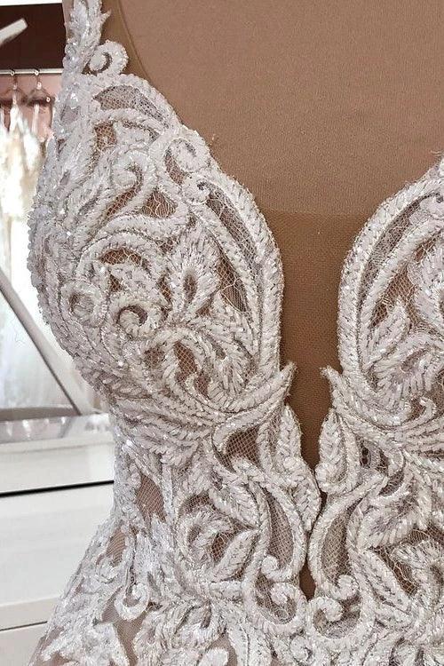 Long A-Line Sequin Tulle Spaghetti Straps Appliques Lace Wedding Dress by BIZTUNNEL