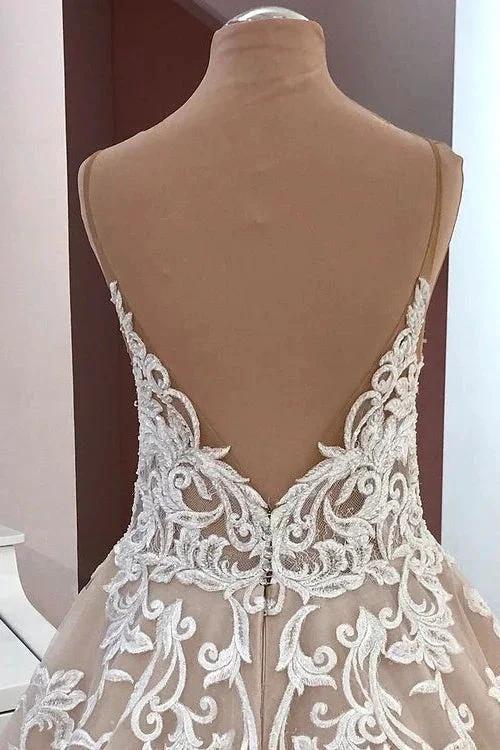 Long A-Line Sequin Tulle Spaghetti Straps Appliques Lace Wedding Dress by BIZTUNNEL