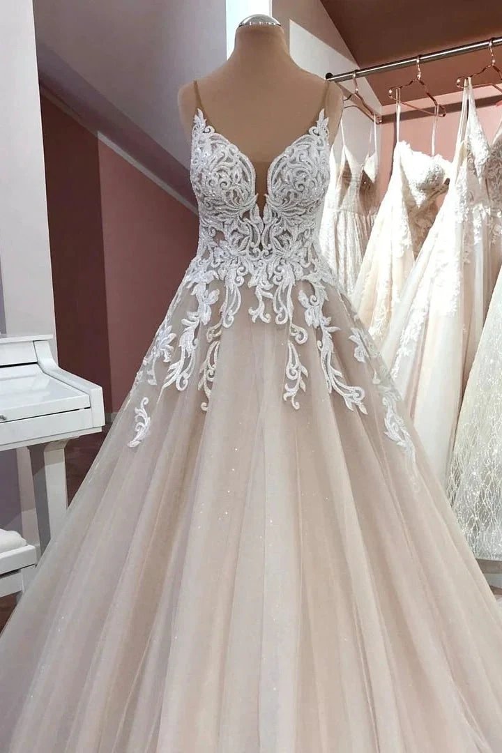 Long A-Line Sequin Tulle Spaghetti Straps Appliques Lace Wedding Dress by BIZTUNNEL