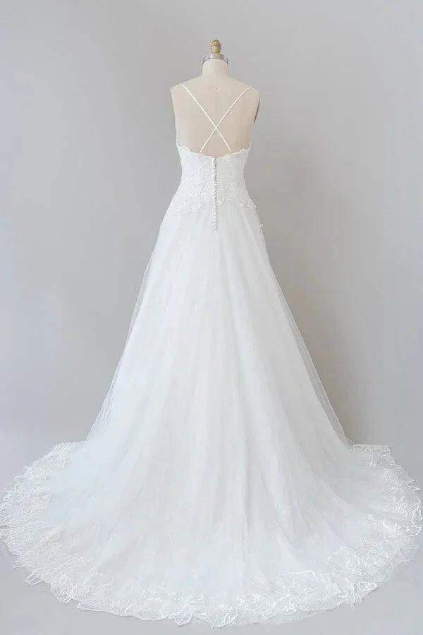 Long A-line Spaghetti Strap Applique Tulle Backless Wedding Dress by BIZTUNNEL