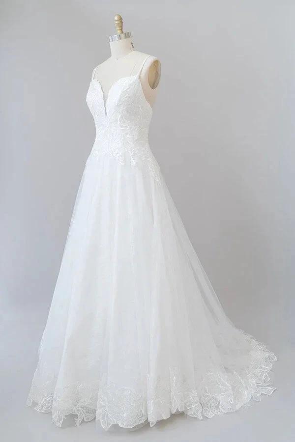 Long A-line Spaghetti Strap Applique Tulle Backless Wedding Dress by BIZTUNNEL