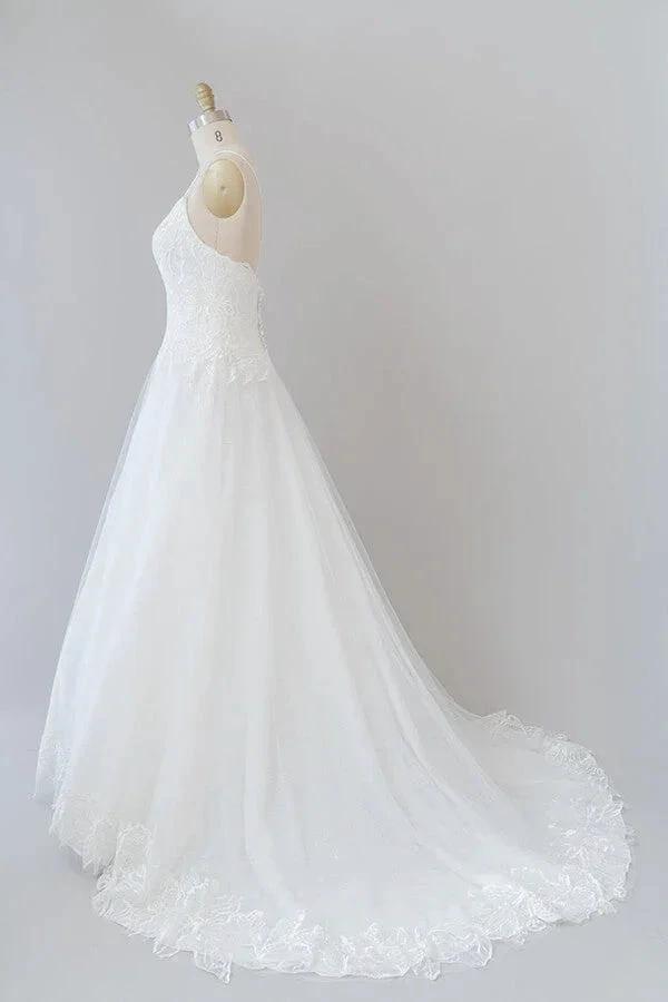 Long A-line Spaghetti Strap Applique Tulle Backless Wedding Dress by BIZTUNNEL