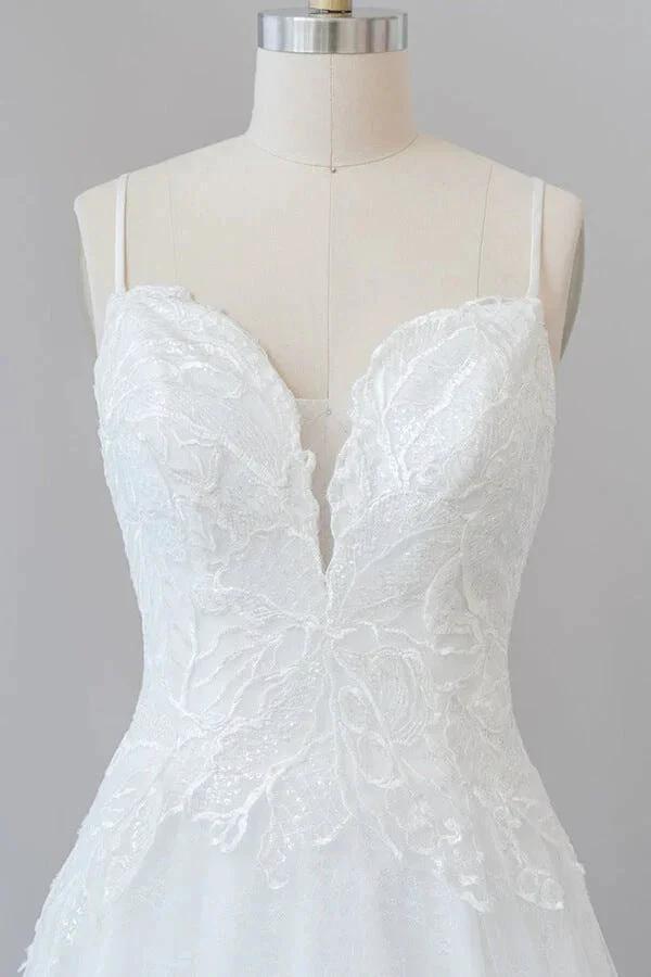 Long A-line Spaghetti Strap Applique Tulle Backless Wedding Dress by BIZTUNNEL