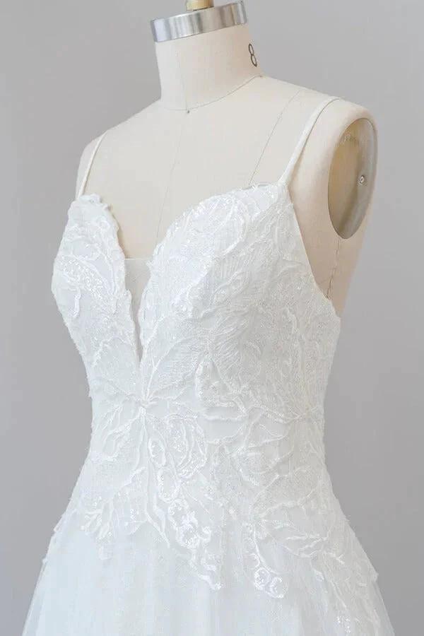 Long A-line Spaghetti Strap Applique Tulle Backless Wedding Dress by BIZTUNNEL