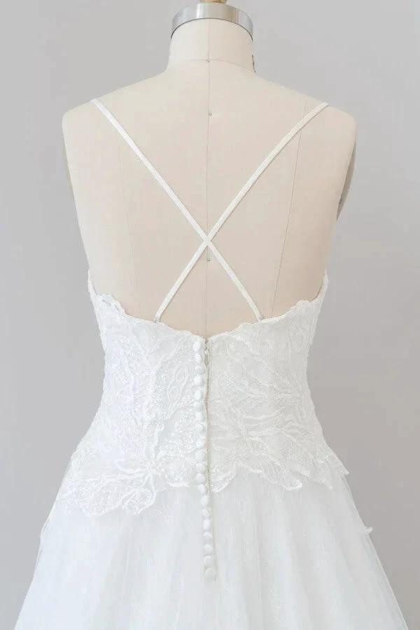 Long A-line Spaghetti Strap Applique Tulle Backless Wedding Dress by BIZTUNNEL