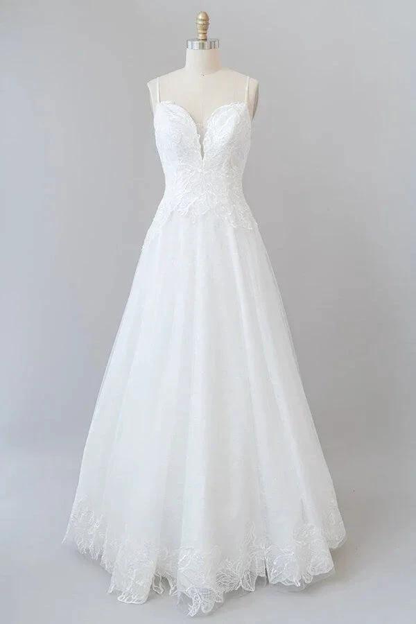 Long A-line Spaghetti Strap Applique Tulle Backless Wedding Dress by BIZTUNNEL