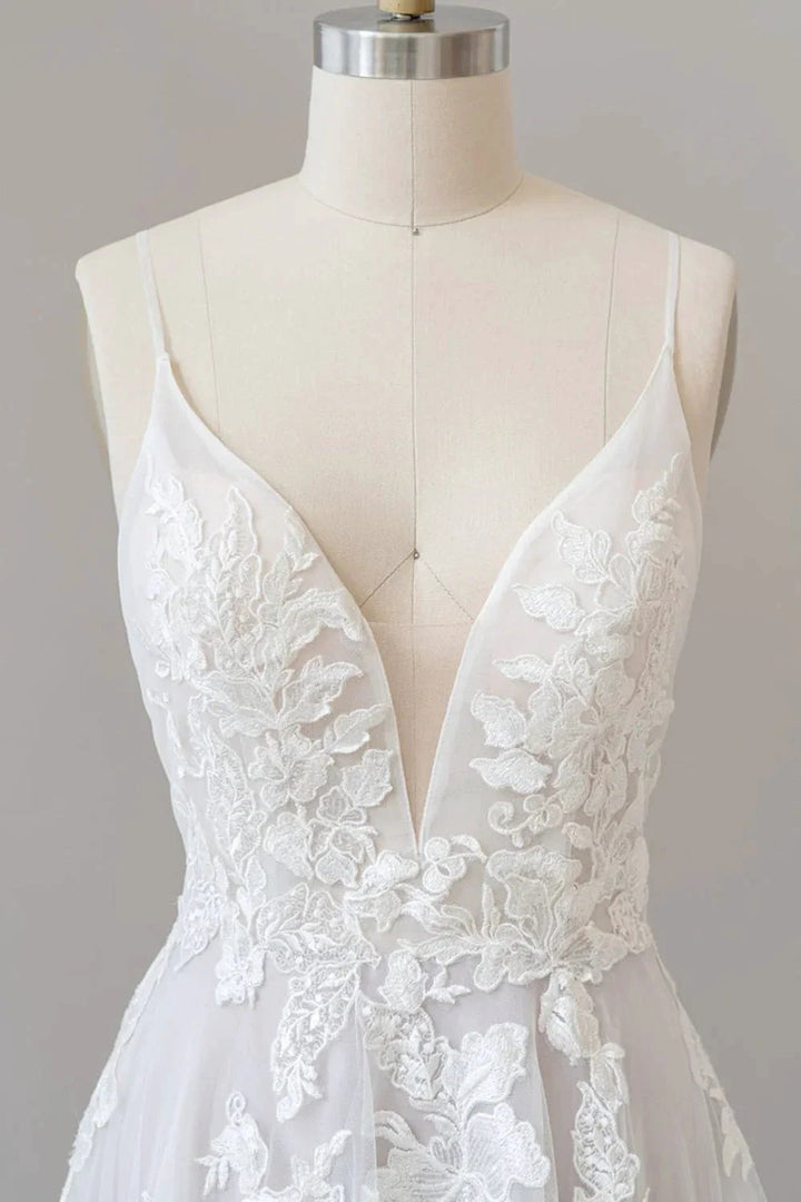Long A-line Spaghetti Strap Lace Appliques Tulle Backless Wedding Dress by BIZTUNNEL