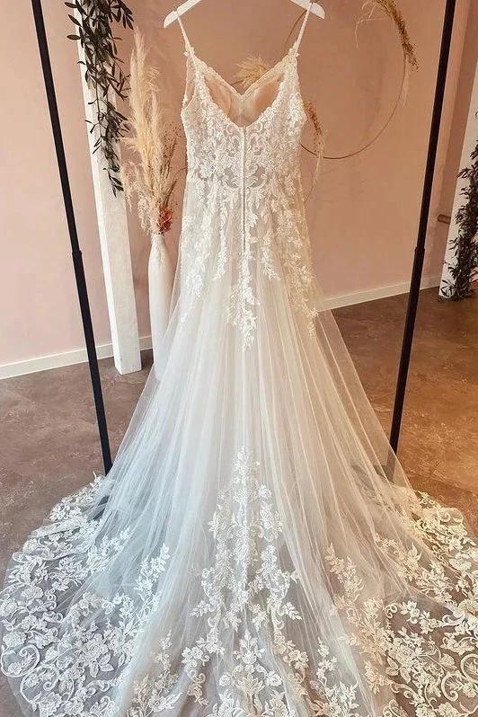 Long A-Line Spaghetti Straps Sweetheart Appliques Lace Tulle Wedding Dress by BIZTUNNEL