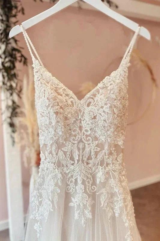 Long A-Line Spaghetti Straps Sweetheart Appliques Lace Tulle Wedding Dress by BIZTUNNEL