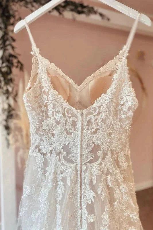 Long A-Line Spaghetti Straps Sweetheart Appliques Lace Tulle Wedding Dress by BIZTUNNEL