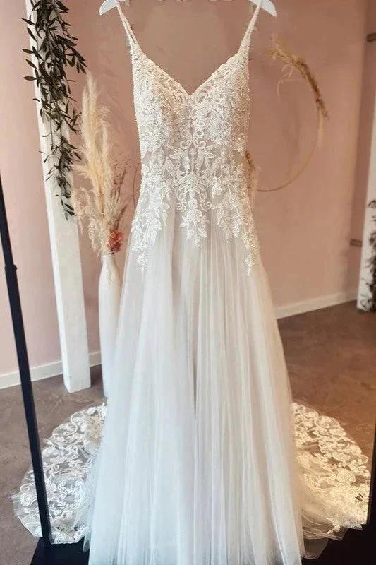 Long A-Line Spaghetti Straps Sweetheart Appliques Lace Tulle Wedding Dress by BIZTUNNEL