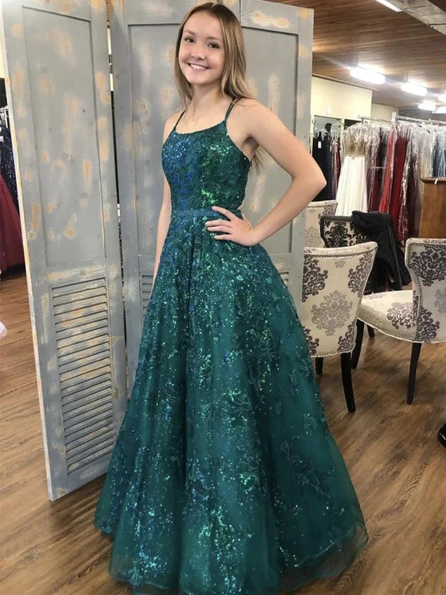 Long A-line Square Neckline Tulle Lace Graduation Evening Prom Dresses by BIZTUNNEL