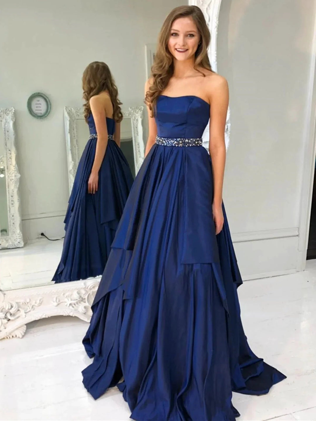 Long A-line Strapless Satin Prom Dress Dark Navy Formal Graduation Evening Dresses by BIZTUNNEL