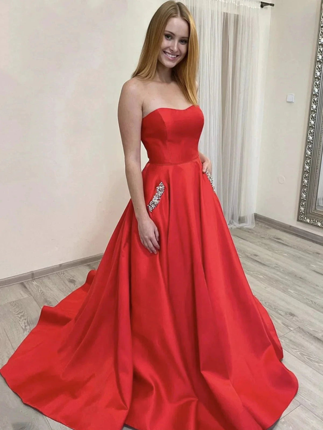 Long A-line Strapless Satin Prom Dress Red Formal Graduation Evening Dresses with Pockets by BIZTUNNEL