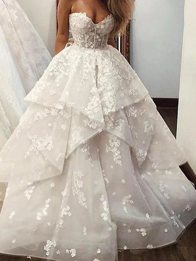 Long A-Line Strapless Sweep Brush Train Lace Tulle Wedding Dresses by BIZTUNNEL
