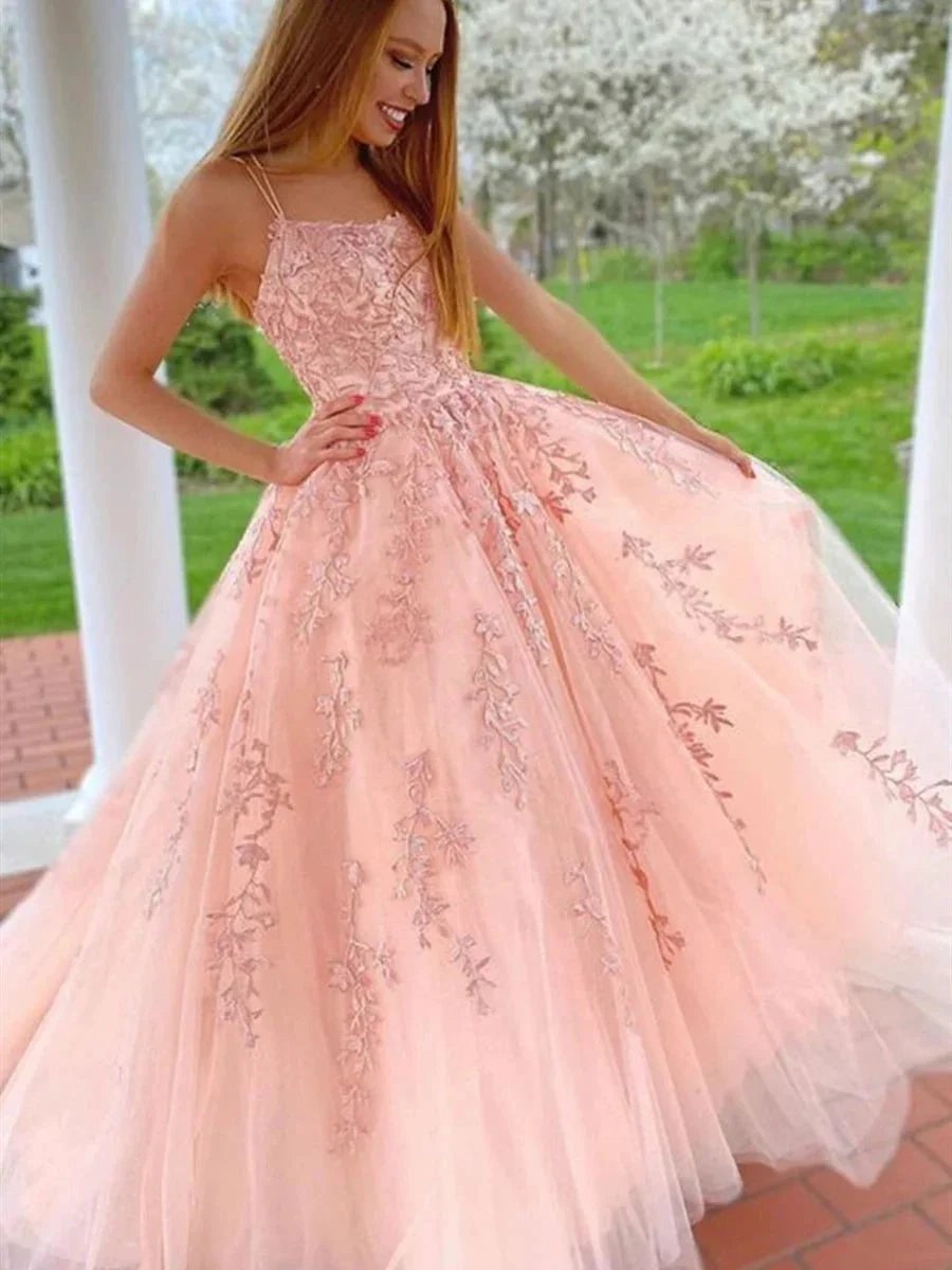 Long A-line Strapless Tulle Lace Formal Graduation Evening Prom Dresses by BIZTUNNEL