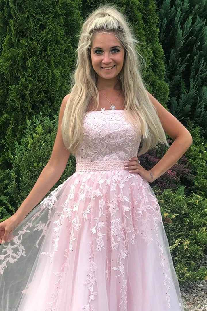 Long A-line Strapless Tulle Lace Prom Dress Pink Formal Graduation Evening Gowns by BIZTUNNEL
