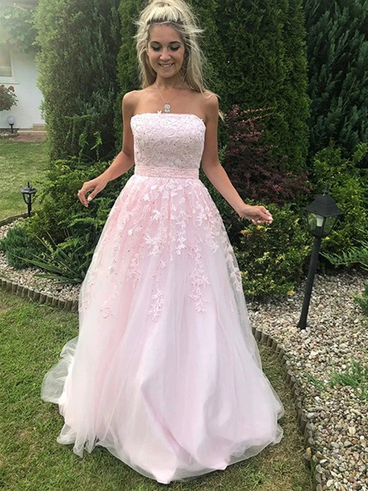 Long A-line Strapless Tulle Lace Prom Dress Pink Formal Graduation Evening Gowns by BIZTUNNEL