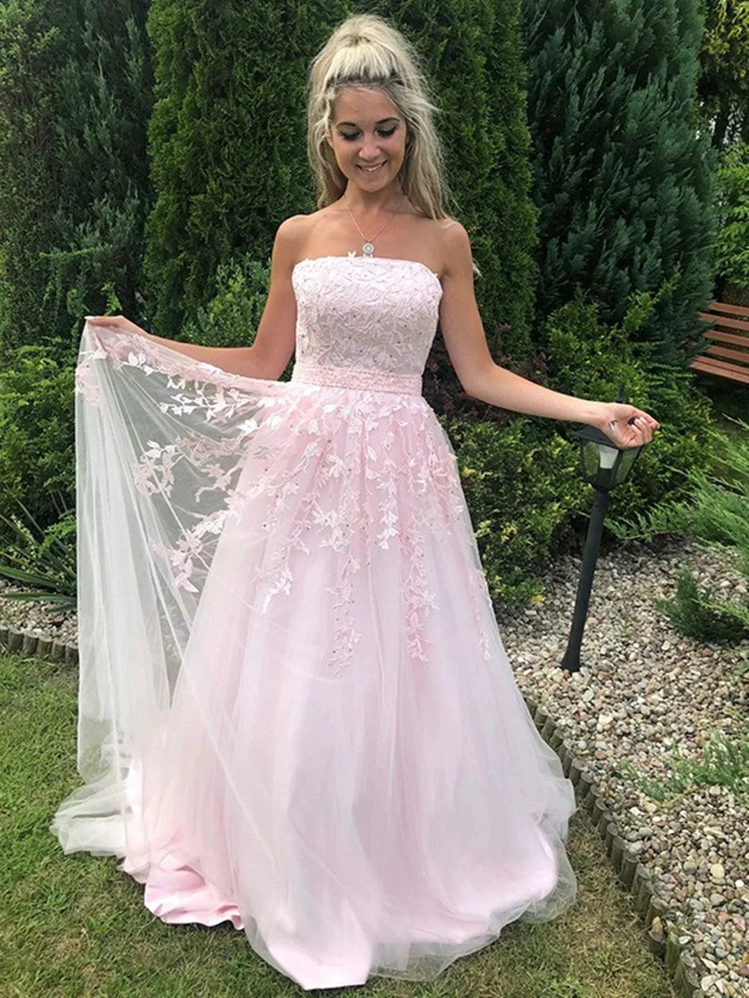 Long A-line Strapless Tulle Lace Prom Dress Pink Formal Graduation Evening Gowns by BIZTUNNEL