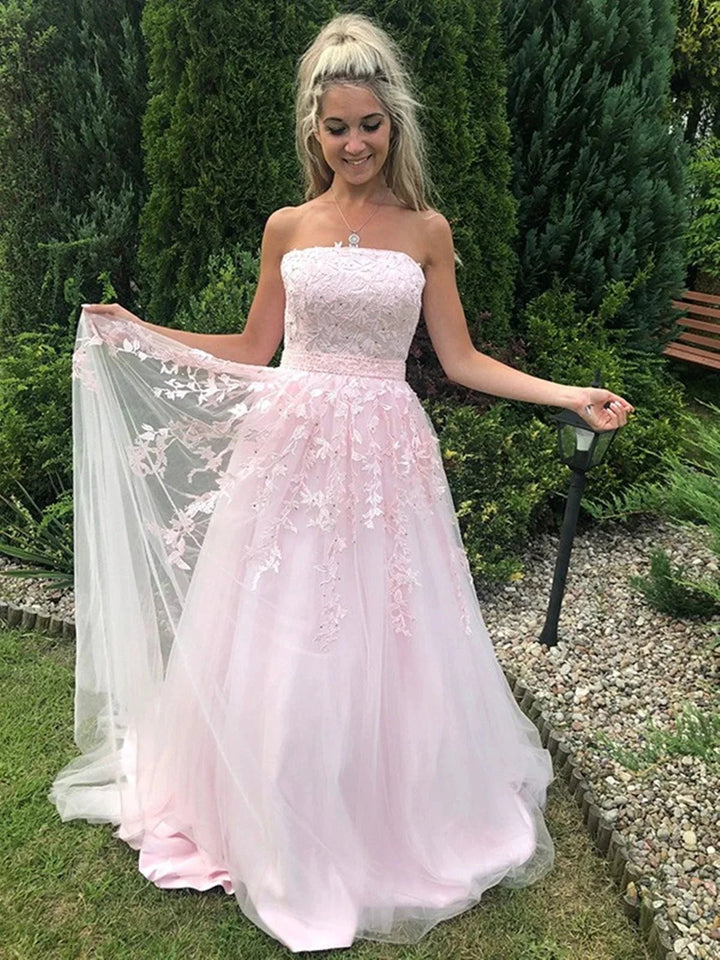 Long A-line Strapless Tulle Lace Prom Dress Pink Formal Graduation Evening Gowns by BIZTUNNEL