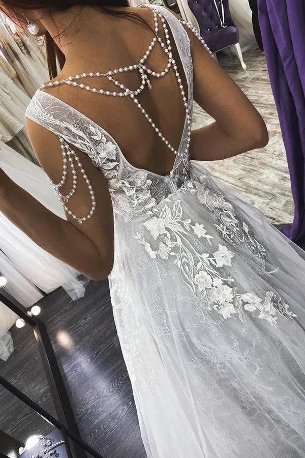 Long A-line Straps V-neck Appliques Pearls Backless Wedding Dress by BIZTUNNEL