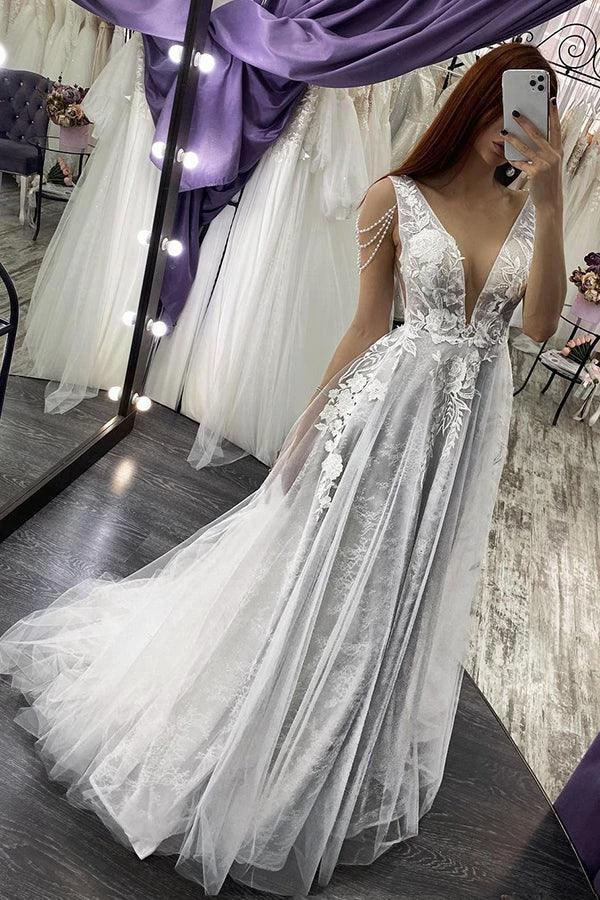 Long A-line Straps V-neck Appliques Pearls Backless Wedding Dress by BIZTUNNEL