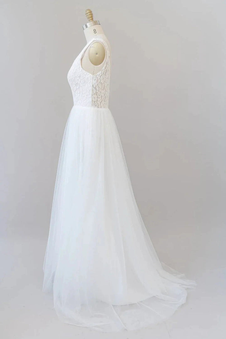 Long A-line Straps V-neck Chiffon Open Back Wedding Dress by BIZTUNNEL