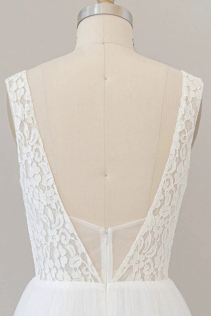 Long A-line Straps V-neck Chiffon Open Back Wedding Dress by BIZTUNNEL