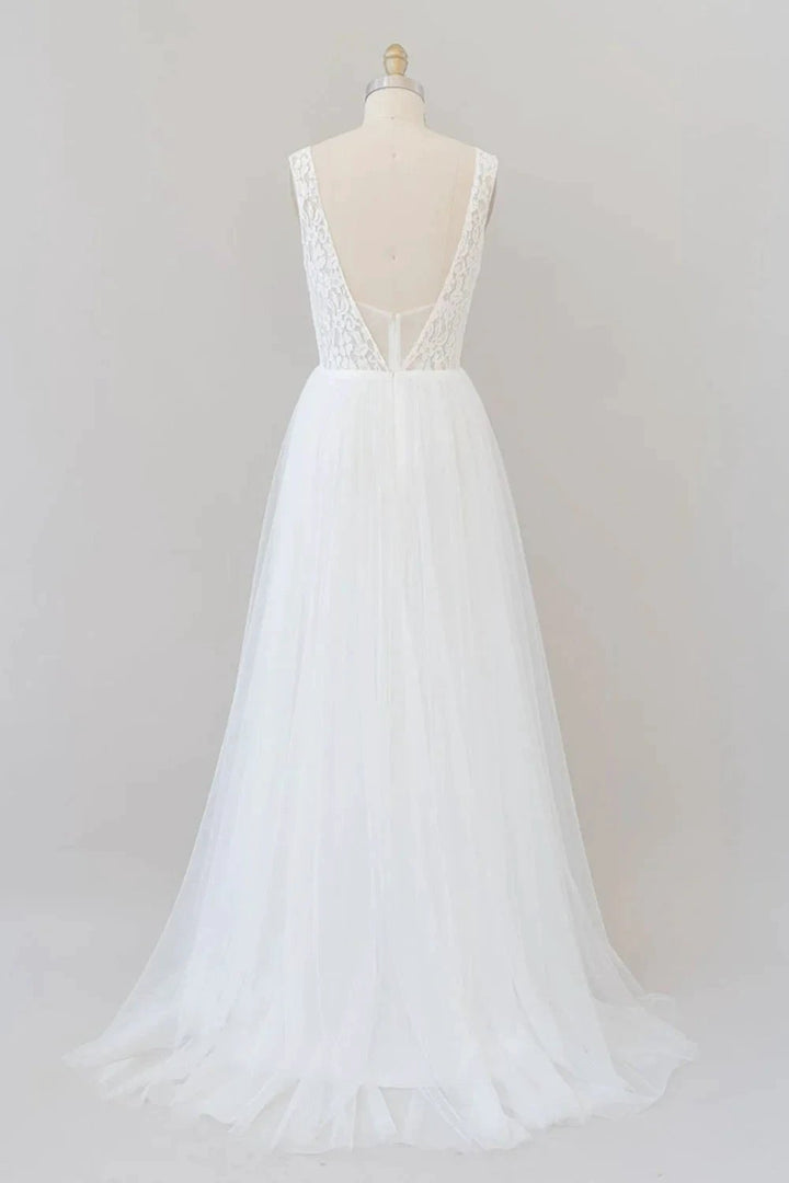Long A-line Straps V-neck Chiffon Open Back Wedding Dress by BIZTUNNEL