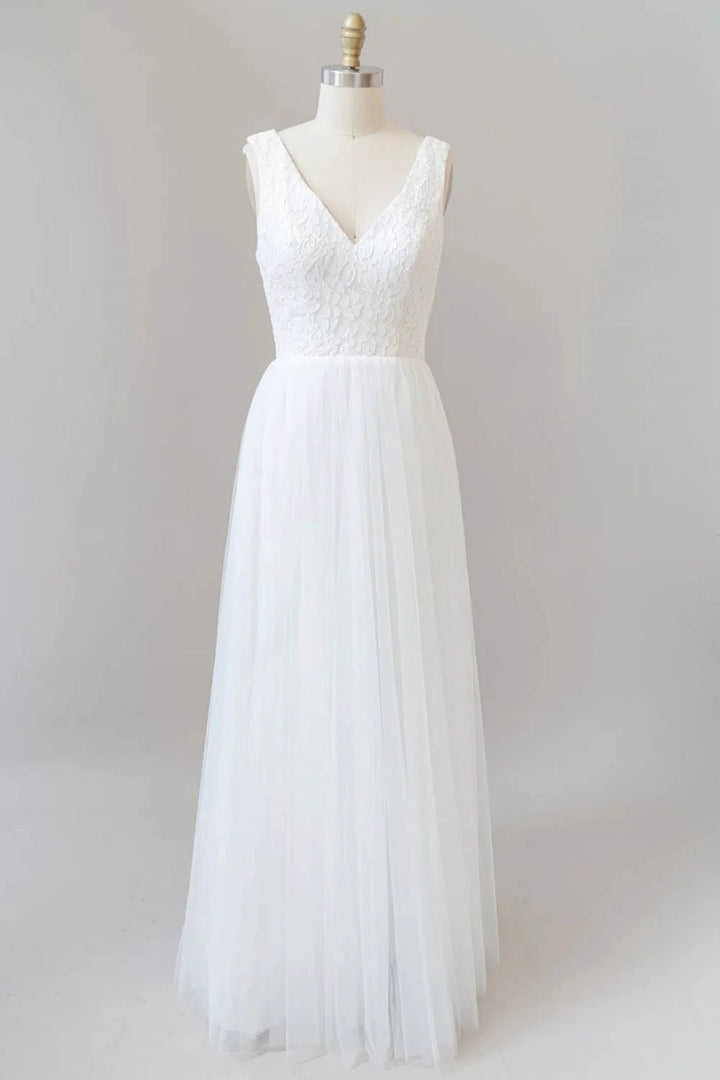 Long A-line Straps V-neck Chiffon Open Back Wedding Dress by BIZTUNNEL