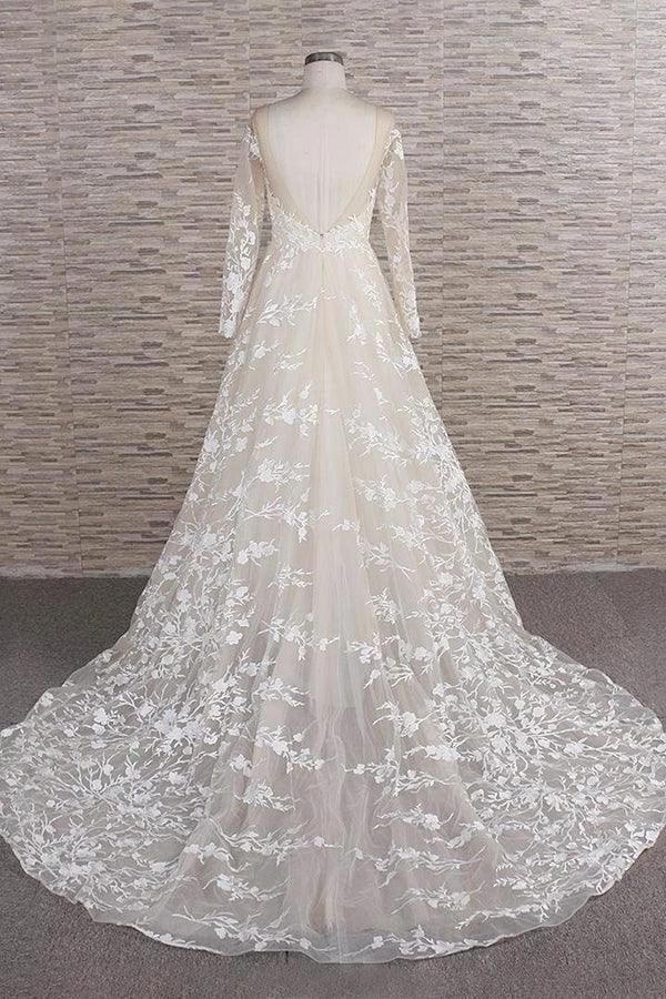 Long A-line Sweetheart Applqiues Tulle Wedding Dress with Sleeves by BIZTUNNEL