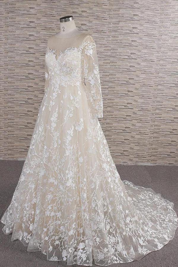 Long A-line Sweetheart Applqiues Tulle Wedding Dress with Sleeves by BIZTUNNEL