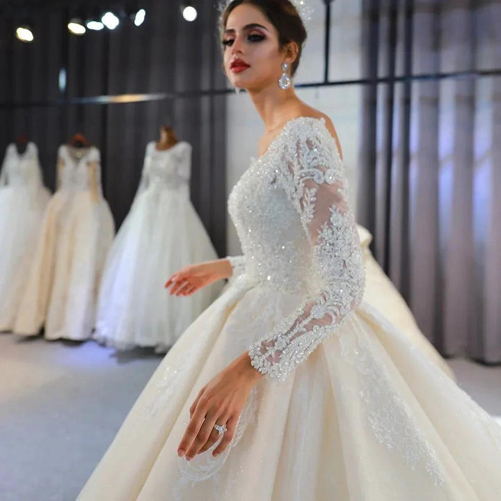 Long A-Line Sweetheart Backless Appliques Lace Sequins Wedding Dress with Sleeves by BIZTUNNEL