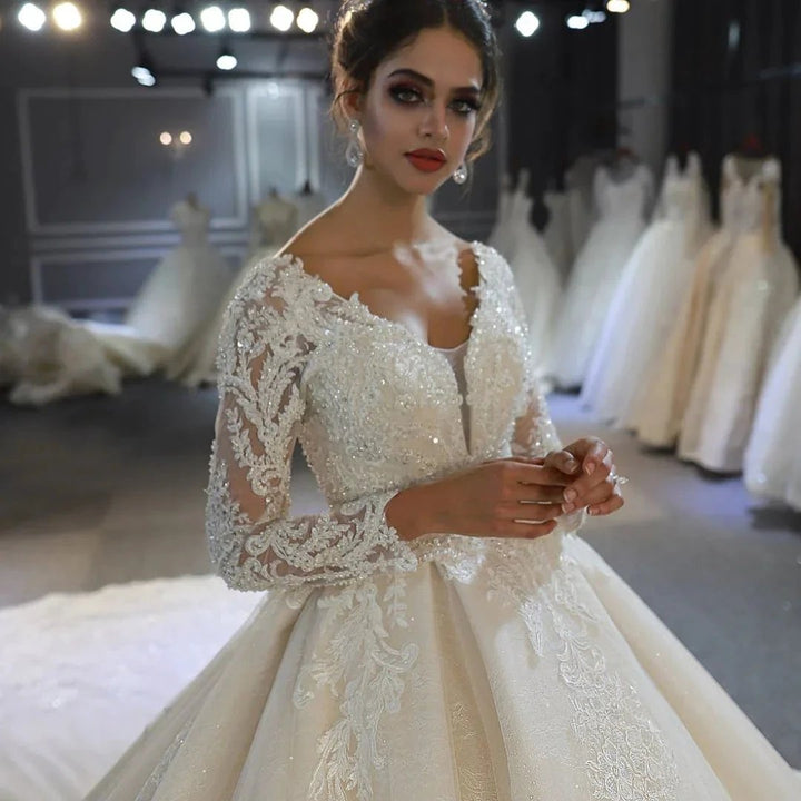 Long A-Line Sweetheart Backless Appliques Lace Sequins Wedding Dress with Sleeves by BIZTUNNEL