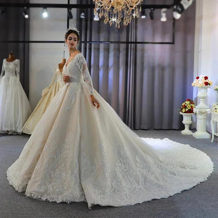 Long A-Line Sweetheart Backless Appliques Lace Sequins Wedding Dress with Sleeves by BIZTUNNEL