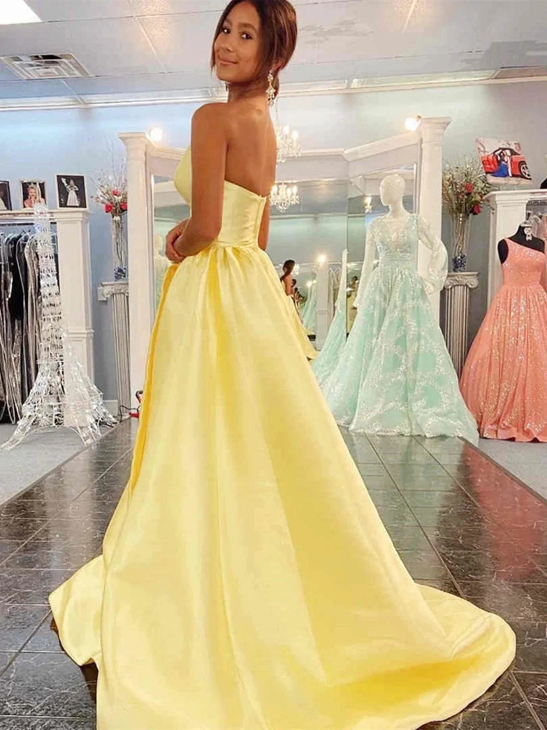 Long A-line Sweetheart Backless Satin Prom Dress Yellow Formal Graduation Evening Dresses by BIZTUNNEL