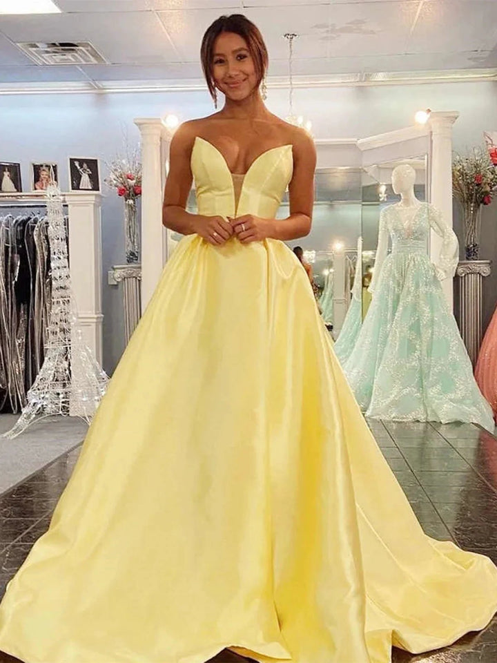 Long A-line Sweetheart Backless Satin Prom Dress Yellow Formal Graduation Evening Dresses by BIZTUNNEL