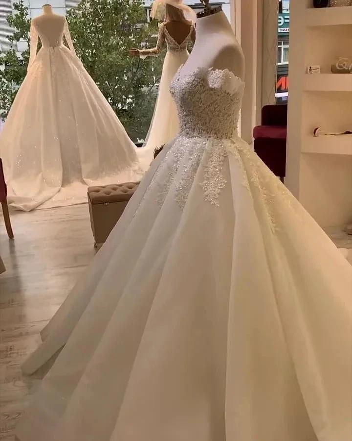 Long A-Line Sweetheart Off-the-Shoulder Appliques Lace Ruffles Wedding Dress by BIZTUNNEL