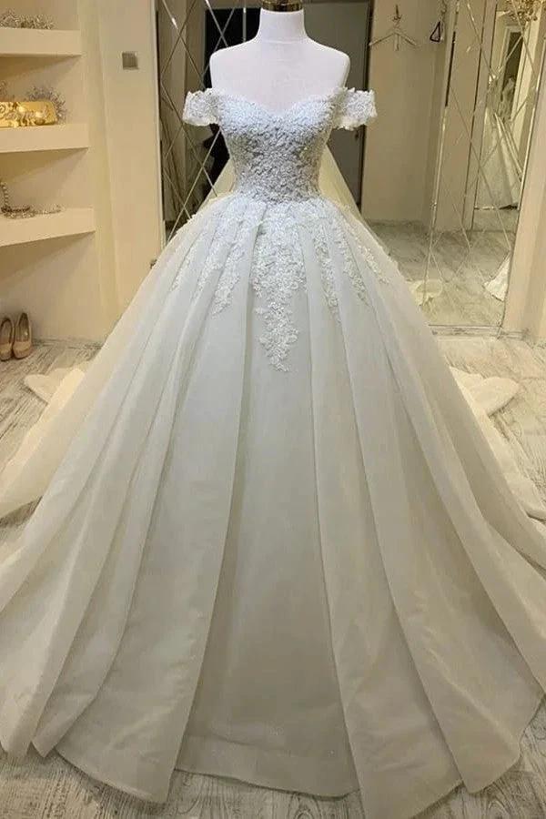 Long A-Line Sweetheart Off-the-Shoulder Appliques Lace Ruffles Wedding Dress by BIZTUNNEL