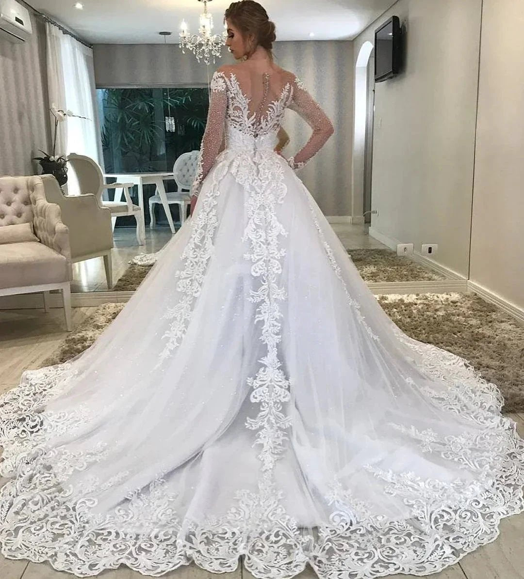 Long A-Line Sweetheart Off-the-Shoulder Appliques Lace Sequins Wedding Dress with Sleeves by BIZTUNNEL