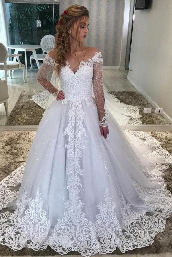Long A-Line Sweetheart Off-the-Shoulder Appliques Lace Sequins Wedding Dress with Sleeves by BIZTUNNEL